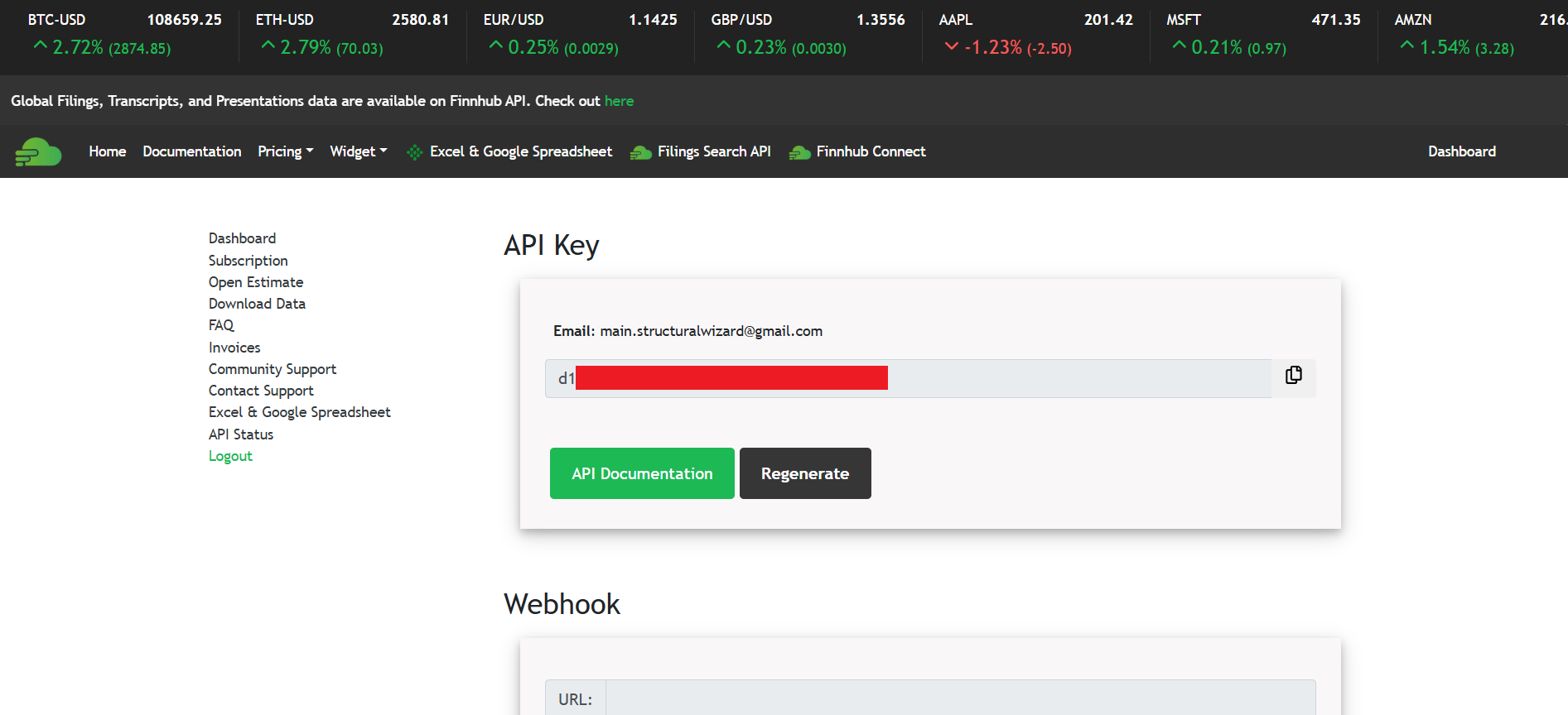 Clave de API de Finnhub